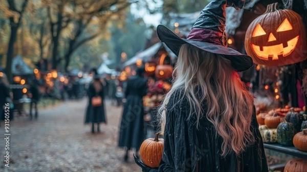 Fototapeta A witch holding a pumpkin wanders through a Halloween market filled with jack-o'-lanterns, creating a festive and spooky atmosphere.