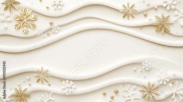 Obraz Elegant Golden Abstract Wavy Pattern with Snowflakes on White Background for Festive Designs. Copy Space for Text.