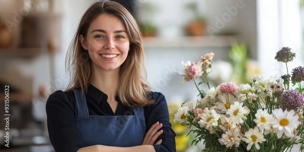 Fototapeta A woman with a blue apron is standing in front of a vase of flowers. She is smiling and she is happy