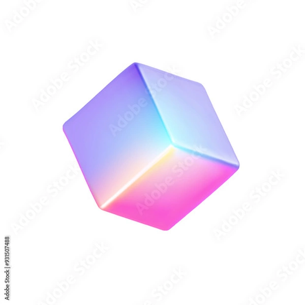 Obraz Neon cube isolated on transparent background. 3d holographic primutive shape. Render of 3d iridescent cube with rainbow effect