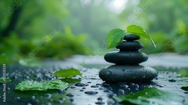 Fototapeta zen stones on empty wooden with green leaf in the garden background blurred Concept relaxation zen spring : Generative AI
