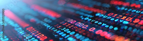 Obraz Digital Matrix Display, a vibrant and dynamic visualization of intricately layered data sequences showcasing glowing numbers and symbols against a dark background.