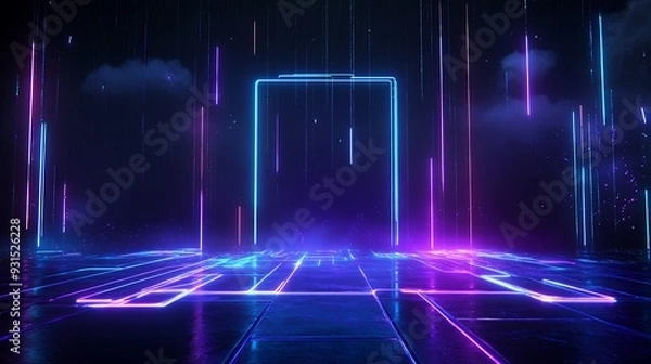 Fototapeta Futuristic neon light background with glowing door frame, digital technology concept in a dark space