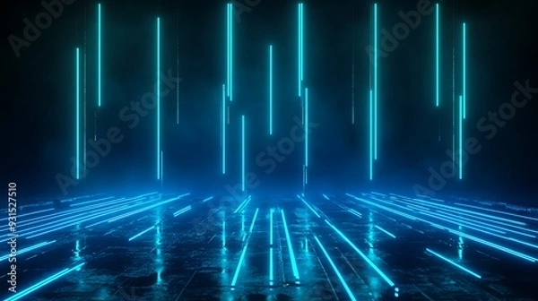 Fototapeta Futuristic neon light installation with blue glow lines in dark room, modern technology and cyber concept background.