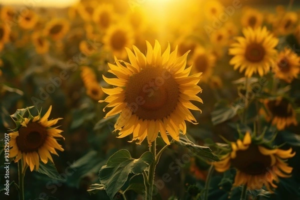 Fototapeta A sunflower field at dawn, with the first light of the day casting a golden glow over the flowers.