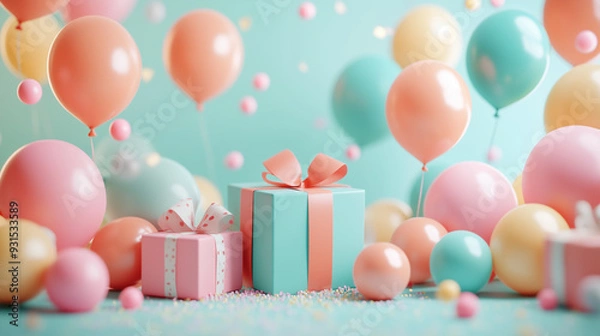 Fototapeta Pastel balloons and gift boxes with confetti on festive background
