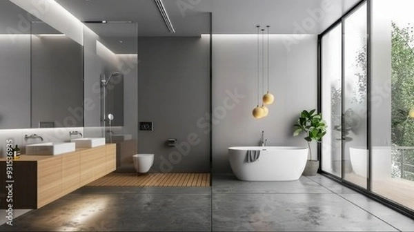 Fototapeta A minimalist bathroom with gray tiles, a glass shower, and simple, modern fixtures