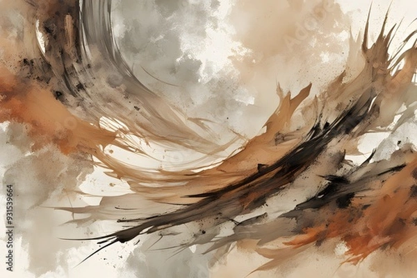 Fototapeta A contemporary abstract design with brush strokes in earth tones, AI Generated