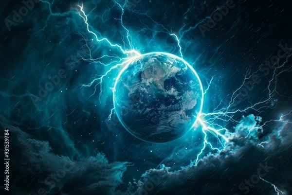 Fototapeta The planet has an intense lightning storm, suitable for futuristic or sci-fi themes