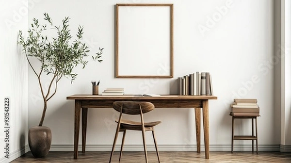 Fototapeta Minimalist home office with wooden desk, chair, and bookshelf, a potted plant, and a blank frame on a white wall.