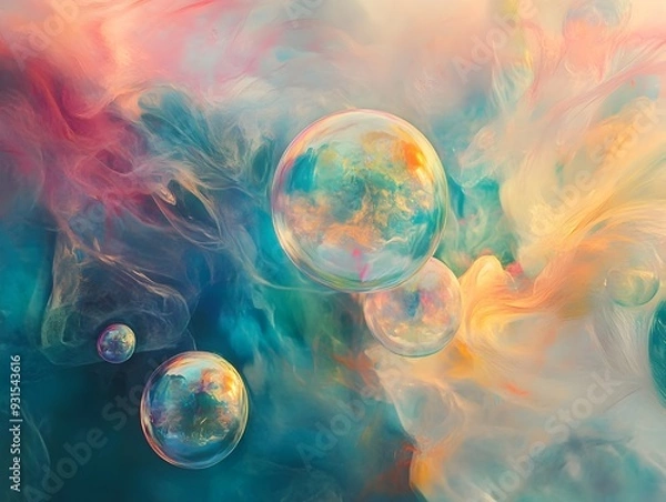 Fototapeta Vibrant and Ethereal Iridescent Spheres Reflecting Delicate Colors in Airy Impressionist Composition
