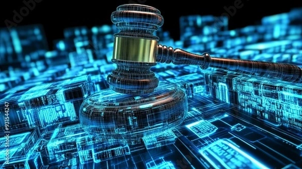 Fototapeta Justice gavel, smashing through holographic law books, blue neon lights, vibrant motion blur, dark futuristic background, dynamic composition, highly detailed