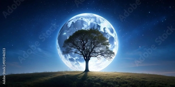 Fototapeta Moon shining brightly over a tree in a tranquil night , moon, tree, night, serene, peaceful, nature, beauty, landscape, celestial