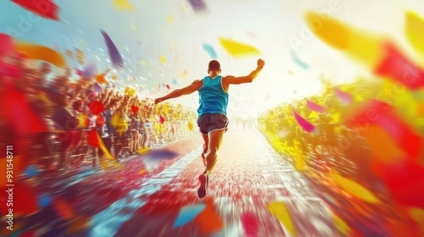 Fototapeta Runner crosses finish line with confetti