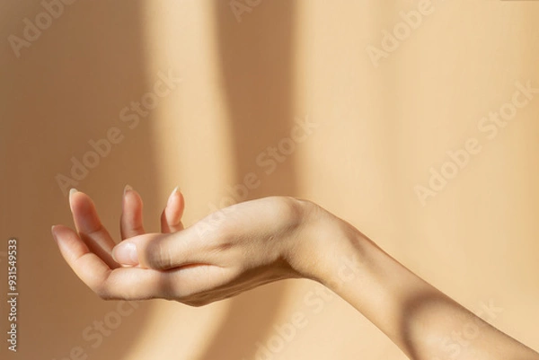 Obraz Beautiful female hand in close-up on brown background in rays of sunlight. The concept of hands care.