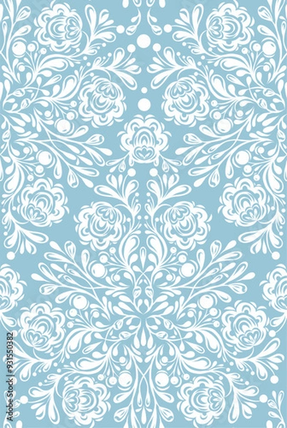 Fototapeta Vector decorative seamless pattern with white ornate lace on blue background. Surface design of delicate floral ornament for fabrics and wrapping paper