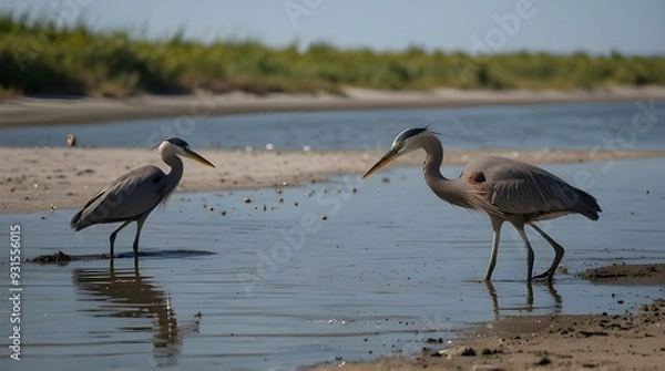 Fototapeta Young child standing on beach observing blue heron. generative.ai