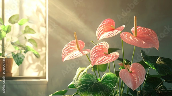 Fototapeta beautiful Anthurium 'Laceleaf' flamingo flowers bloom in a sunny elegant room