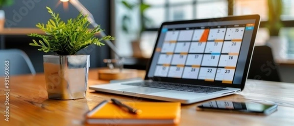 Fototapeta Modern office desk with a laptop displaying a calendar, a notepad, phone, and a potted plant, creating a productive work environment.
