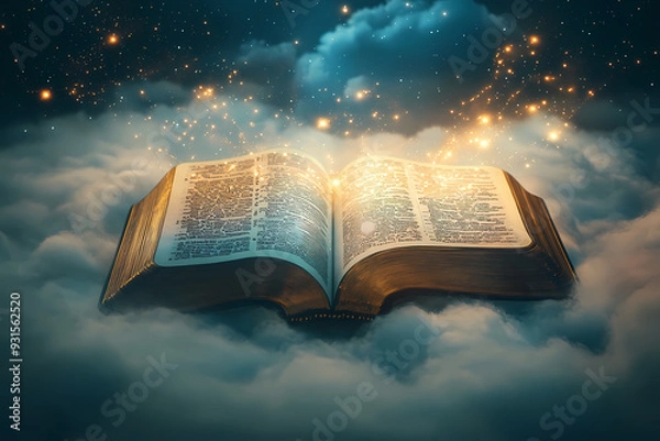 Obraz An open Bible floating in the sky amidst stars and clouds