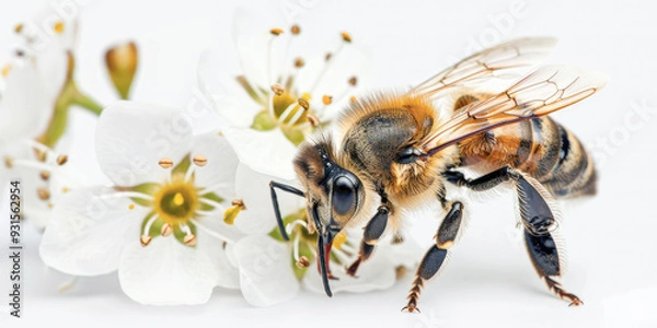 Fototapeta Close-up of a honeybee collecting pollen from a vibrant flower, highlighting its detailed wings and the nectar-filled bloom