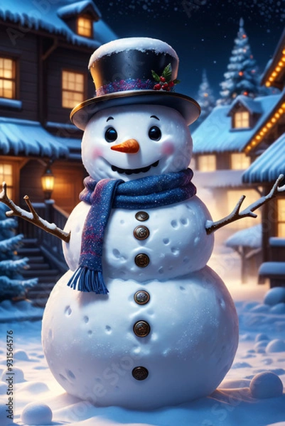 Obraz Snowman with winter landscape and snow high quality background


