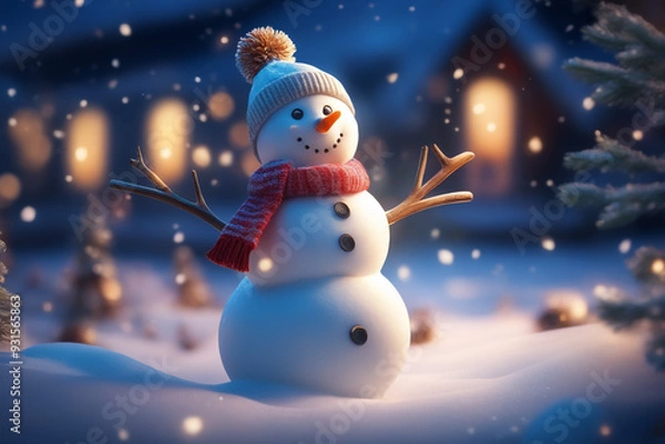 Obraz Snowman with winter landscape and snow high quality background

