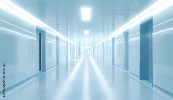 Fototapeta Abstract futuristic corridor in bright blue medical center setting.