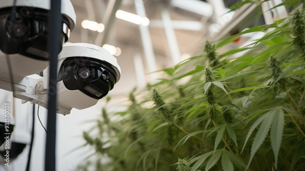 Obraz High-Tech Security Cameras Monitoring Cannabis Cultivation in an Industrial Greenhouse Setting