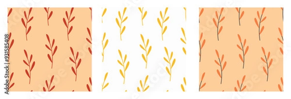Fototapeta Autumn Leaves Minimalist Seamless Pattern Set. Yellow Branches on White Background.