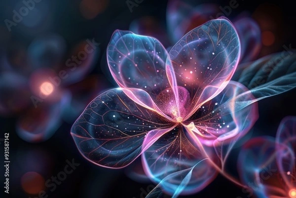 Fototapeta An abstract holographic flower with petals made of light, glowing softly in a dark background
