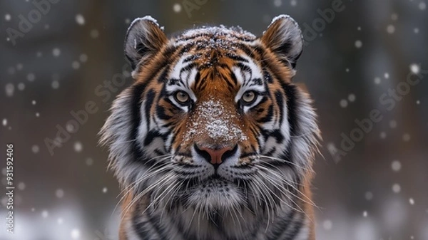 Fototapeta Majestic Tiger in Winter Wonderland - Close-Up Portrait
