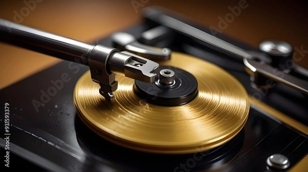 Fototapeta Turntable arm on golden Vinyl record rotating in a mac. generative.ai