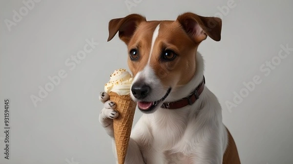 Fototapeta Jack Russell Terrier dog enjoying ice cream Portrait with focus on the dog suitable for text overlay. generative.ai