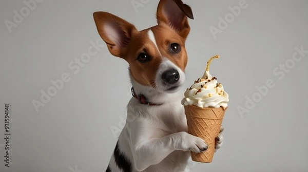 Fototapeta Jack Russell Terrier dog enjoying ice cream Portrait with focus on the dog suitable for text overlay. generative.ai