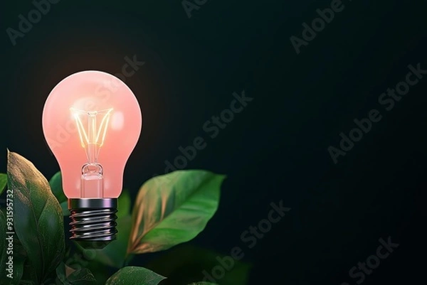 Fototapeta A glowing light bulb surrounded by green leaves, symbolizing creativity and the fusion of nature with technology.