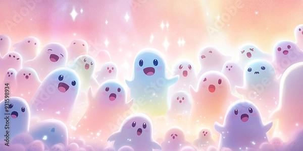 Obraz Pastel Parade: Cute Ghosts with Happy Faces in Soft Colors
