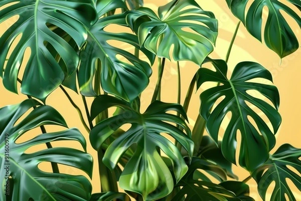 Fototapeta An illustration of a monstera plant, highlighting its large, glossy leaves with characteristic holes and splits