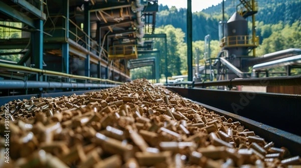 Fototapeta A close-up view of wood pellets on a conveyor in an industrial facility.
