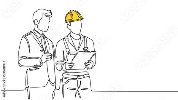 Fototapeta Single continuous line drawing of young construction manager giving instruction to builder coordinator at site meeting. Building architecture business concept. One line draw design vector