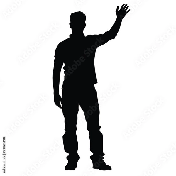 Fototapeta Silhouette of a man waving in a friendly gesture on a white background.
