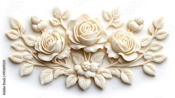 Fototapeta Elegant butter sculpture of blooming roses and vines intertwined, isolated on a white background with delicate shadows emphasizing the intricate carvings 