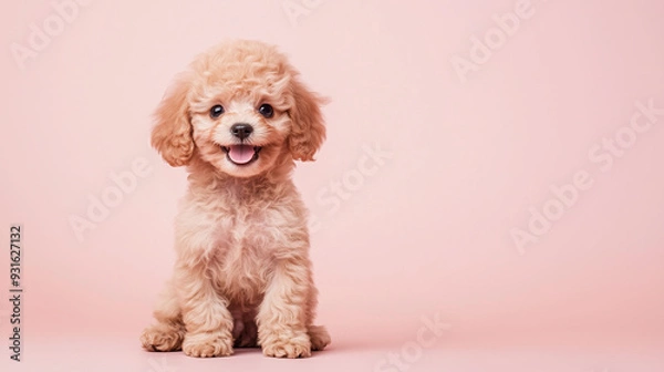 Fototapeta Poodle puppy sitting with a sweet smile against a plain light pink background.