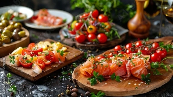 Fototapeta Appetizers with different antipasti charcuterie snacks meat platter with cheese and spicy olives salmon carpaccio and tomato salad