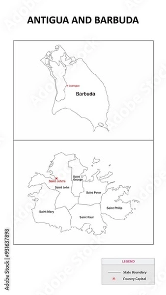 Fototapeta Antigua and Barbuda Map. State and district map of Antigua and Barbuda. Administrative map of Antigua and Barbuda with states and boundaries in white color.