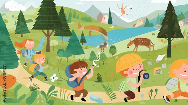 Fototapeta Children On A Nature Walk Near A River With Wildlife And Forest Views Cartoon Style