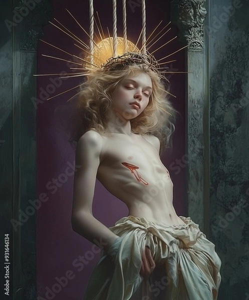 Fototapeta A delicate figure with a glowing halo and a visible wound on the chest stands with eyes closed. The dramatic lighting and regal drapery create a striking, ethereal atmosphere..