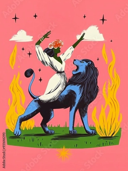 Fototapeta Stylized tarot card of “Strength” featuring a woman with green skin and a floral crown, standing triumphantly with a roaring blue lion against a pink background, symbolizing courage and power.