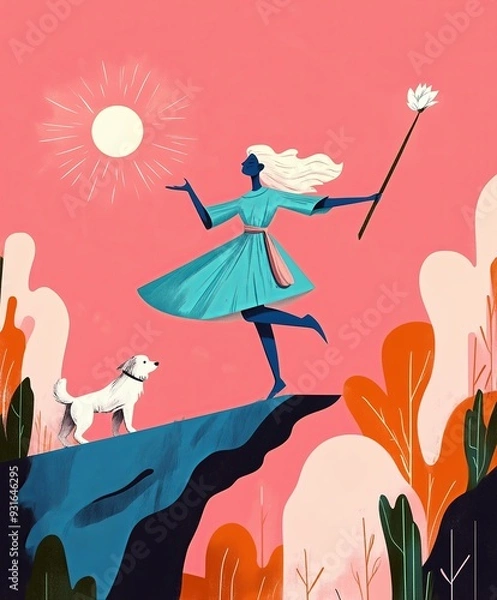 Obraz A stylized woman in a blue dress with flowing white hair stands on the edge of a cliff, holding a white flower, with a dog at her side, under a bright sun on a pink background.