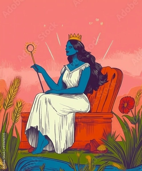 Obraz A stylized illustration of a blue-skinned goddess seated on a throne against a pink background, holding a staff with a sun symbol. She is surrounded by plants and flowers in a surreal landscape.
